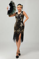 Laden Sie das Bild in den Galerie-Viewer, Glitter Schwarz Golden Pailletten Gesäumt Kurze Flapper Kleid mit 1920er Zubehörset