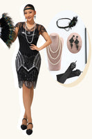Laden Sie das Bild in den Galerie-Viewer, Glitter Schwarz Silber Perlen Bodycon Flapper Kleid mit 1920er Zubehörset