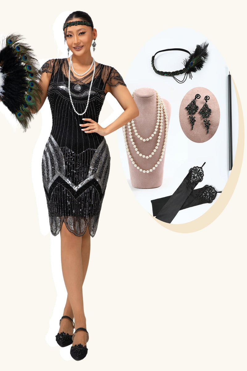Laden Sie das Bild in den Galerie-Viewer, Glitter Schwarz Silber Perlen Bodycon Flapper Kleid mit 1920er Zubehörset