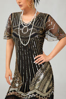 Laden Sie das Bild in den Galerie-Viewer, Glitter Schwarz Golden V-Ausschnitt Gesäumt Pailletten Flapper Kleid mit 1920er Zubehörset
