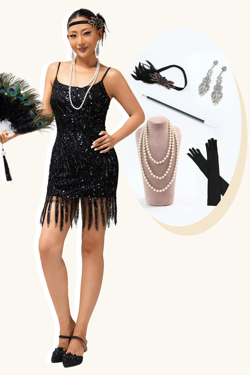 Laden Sie das Bild in den Galerie-Viewer, Glitter Schwarz Eng Gesäumt Pailletten Kurze Flapper Kleid mit 1920er Zubehörset