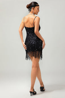 Glitter Schwarz Eng Gesäumt Pailletten Kurze Flapper Kleid mit 1920er Zubehörset