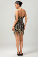 Laden Sie das Bild in den Galerie-Viewer, Glitter Schwarz Golden Spaghettiträger Pailletten Eng Flapper Kleid mit 1920er Zubehörset