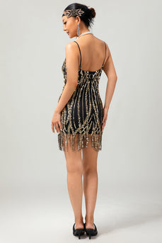 Glitter Schwarz Golden Spaghettiträger Pailletten Eng Flapper Kleid mit 1920er Zubehörset