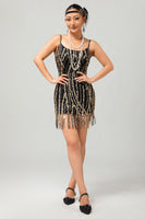 Laden Sie das Bild in den Galerie-Viewer, Glitter Schwarz Golden Spaghettiträger Pailletten Eng Flapper Kleid mit 1920er Zubehörset