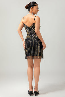 Glitter Schwarz Golden Eng Pailletten Spaghetti Straps Flapper Kleid mit 1920er Zubehörset
