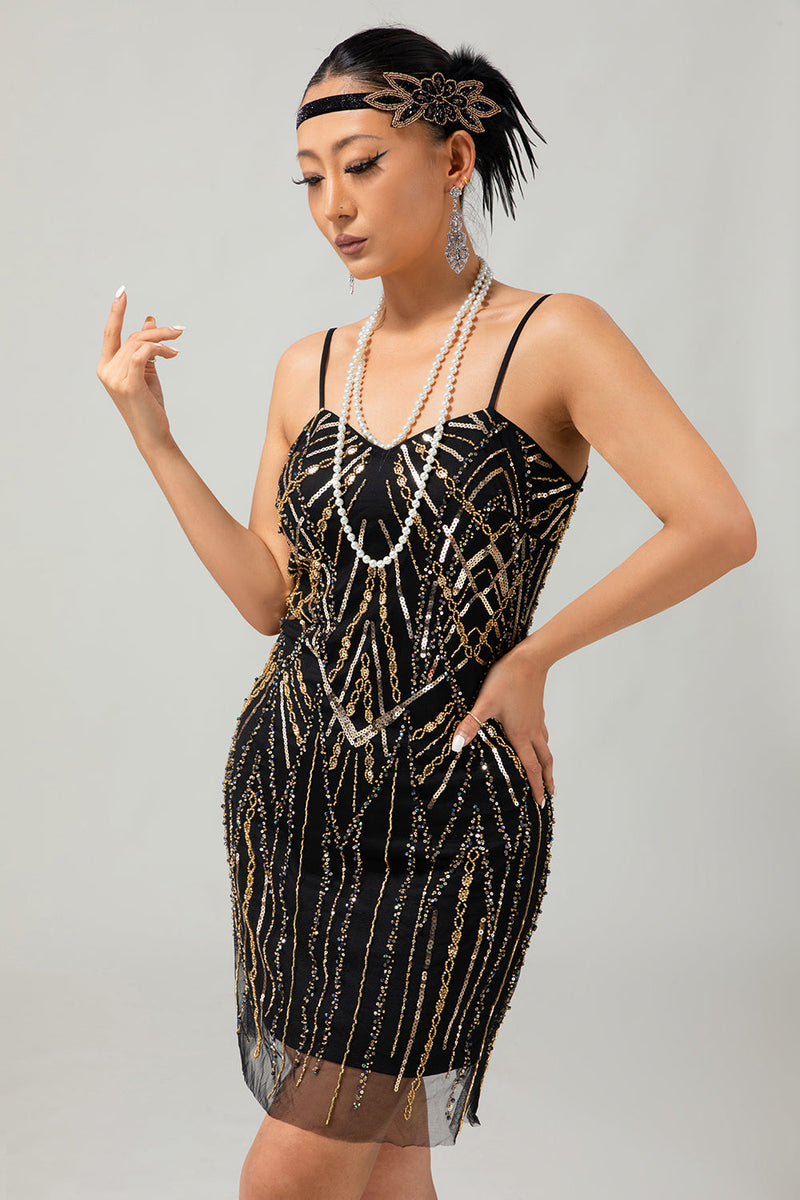 Laden Sie das Bild in den Galerie-Viewer, Glitter Schwarz Golden Eng Pailletten Spaghetti Straps Flapper Kleid mit 1920er Zubehörset