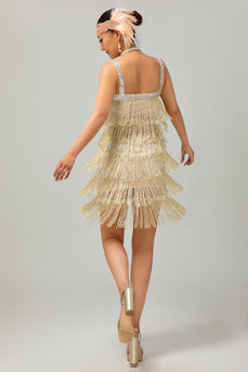 Glitter Golden Gesäumt Pailletten Kurze Flapper Kleid mit 1920er Zubehörset