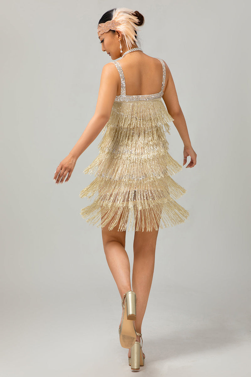 Laden Sie das Bild in den Galerie-Viewer, Glitter Golden Gesäumt Pailletten Kurze Flapper Kleid mit 1920er Zubehörset