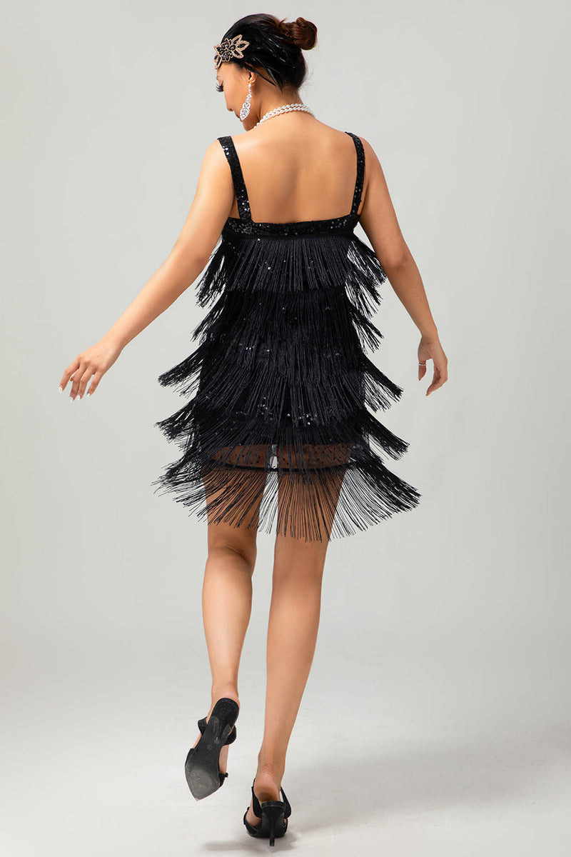 Laden Sie das Bild in den Galerie-Viewer, Glitter Schwarz Gesäumt Eng Kurze Flapper Kleid mit 1920er Zubehörset