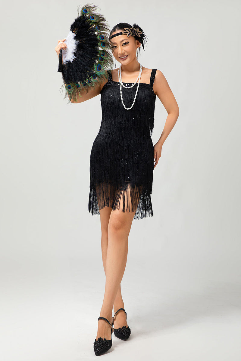 Laden Sie das Bild in den Galerie-Viewer, Glitter Schwarz Gesäumt Eng Kurze Flapper Kleid mit 1920er Zubehörset