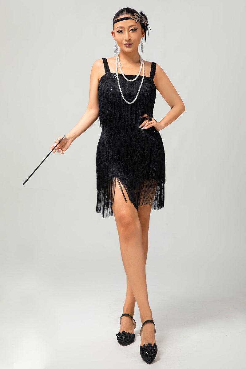 Laden Sie das Bild in den Galerie-Viewer, Glitter Schwarz Gesäumt Eng Kurze Flapper Kleid mit 1920er Zubehörset