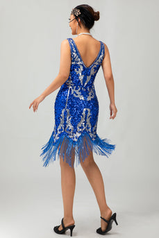 Glitter Königsblau Pailletten V-Ausschnitt Gesäumt Kurze Flapper Kleid mit 1920er Zubehörset