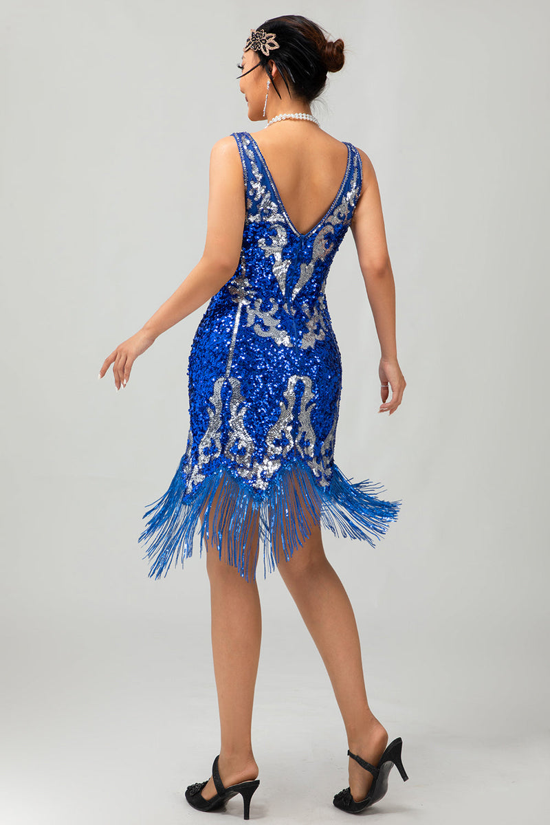 Laden Sie das Bild in den Galerie-Viewer, Glitter Königsblau Pailletten V-Ausschnitt Gesäumt Kurze Flapper Kleid mit 1920er Zubehörset