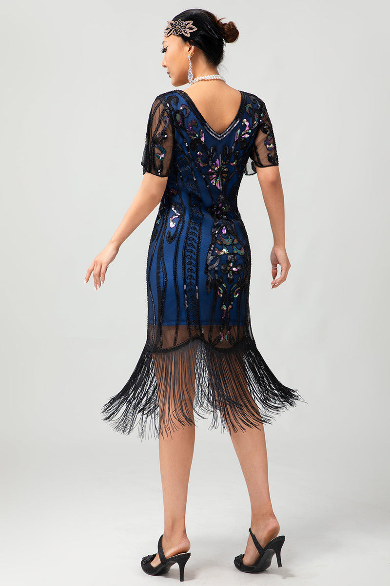 Laden Sie das Bild in den Galerie-Viewer, Glitter Schwarz Blau Gesäumt V-Ausschnitt Kurze Ärmel Flapper Kleid mit 20s Zubehörset