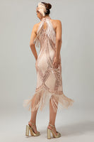 Laden Sie das Bild in den Galerie-Viewer, Glitter Champagner Neckholder Bodycon Flapper Kleid mit 1920er Zubehörset