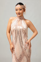 Laden Sie das Bild in den Galerie-Viewer, Glitter Champagner Neckholder Bodycon Flapper Kleid mit 1920er Zubehörset