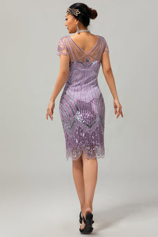 Glitter Lila Pailletten V-Ausschnitt Kurze Ärmel Flapper Kleid mit 20s Zubehörset