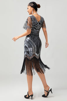 Glitter Schwarz Silber Gesäumt Pailletten Kurze Ärmel Flapper Kleid mit 1920er Zubehörset