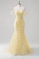 Laden Sie das Bild in den Galerie-Viewer, Blumen Blau Schulterfreie Korsett Lange Abendkleid mit Applikationen