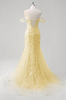 Laden Sie das Bild in den Galerie-Viewer, Blumen Blau Schulterfreie Korsett Lange Abendkleid mit Applikationen