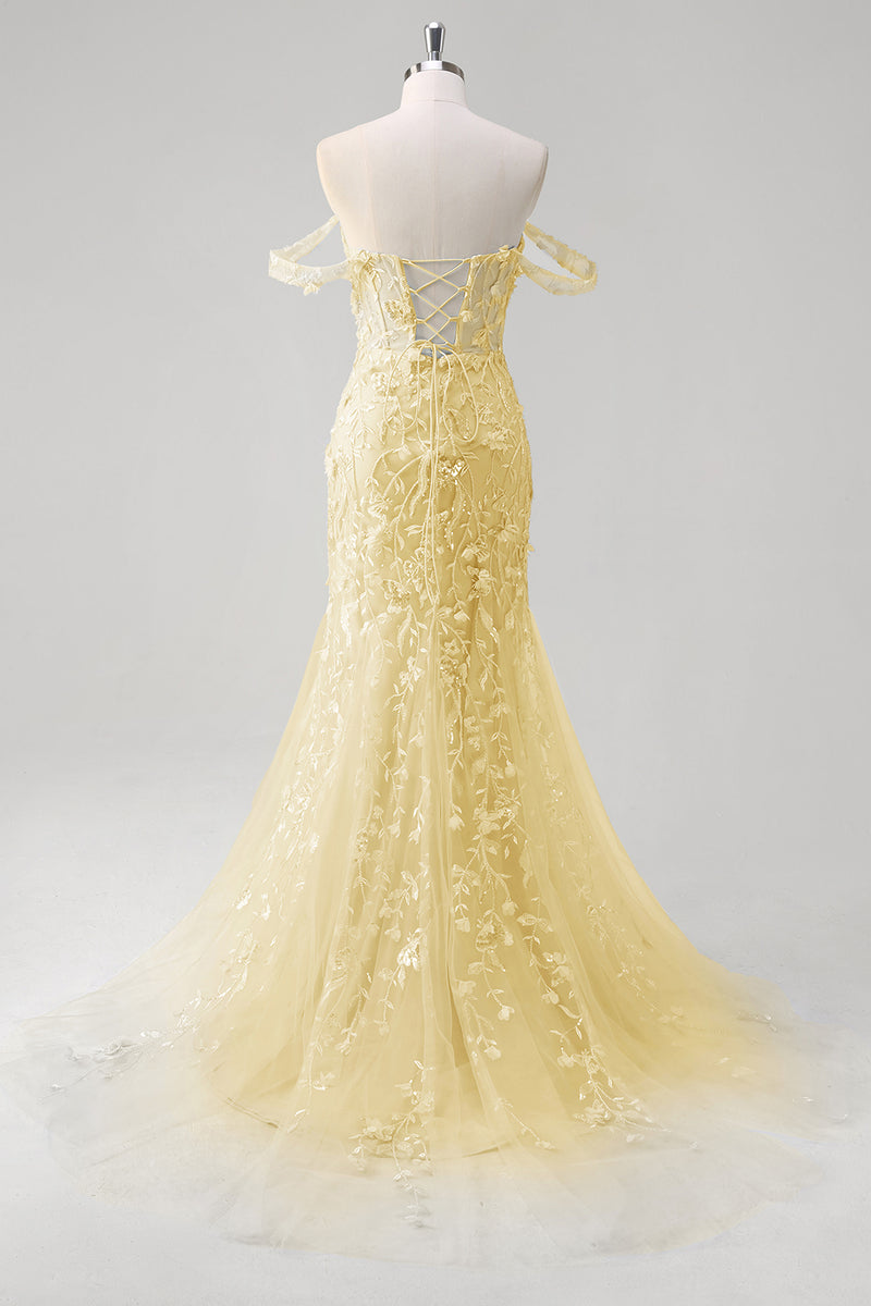 Laden Sie das Bild in den Galerie-Viewer, Blumen Blau Schulterfreie Korsett Lange Abendkleid mit Applikationen