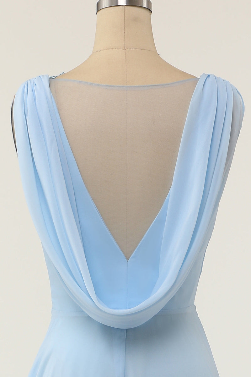 Laden Sie das Bild in den Galerie-Viewer, V-Ausschnitt Blaues Brautjungfernkleid mit Rüschen