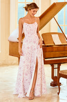 Laden Sie das Bild in den Galerie-Viewer, Eine Linie Spaghetti Träger Lila Blume Bedruckte Brautjungfer Kleid