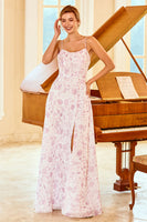 Laden Sie das Bild in den Galerie-Viewer, Eine Linie Spaghetti Träger Lila Blume Bedruckte Brautjungfer Kleid