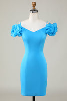 Laden Sie das Bild in den Galerie-Viewer, Schulterfreies blaues kurzes Cocktailkleid mit Rüschen