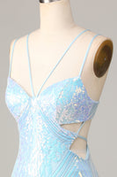 Laden Sie das Bild in den Galerie-Viewer, So atemberaubend Bodycon Spaghetti Träger Blaue Pailletten Kurzes Cocktailkleid