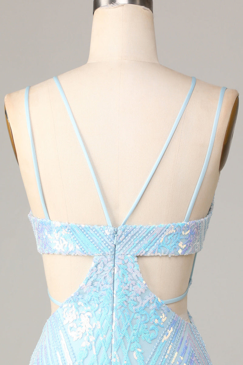 Laden Sie das Bild in den Galerie-Viewer, So atemberaubend Bodycon Spaghetti Träger Blaue Pailletten Kurzes Cocktailkleid