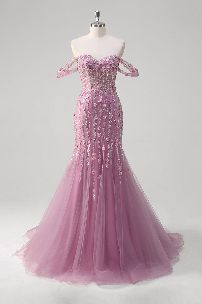 Laden Sie das Bild in den Galerie-Viewer, Glitze Gery Lila Korsett Lang Abendkleider mit Applikationen