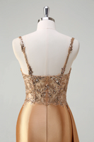 Laden Sie das Bild in den Galerie-Viewer, Blau Meerjungfrau Spaghettiträger Korsett Lange Abendkleider mit Schlitz