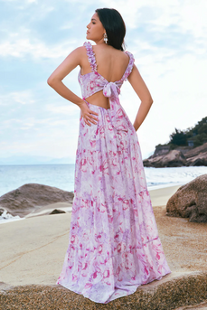 Grau Lila Blumen Spaghettiträger A-Linie Brautjungfernkleid