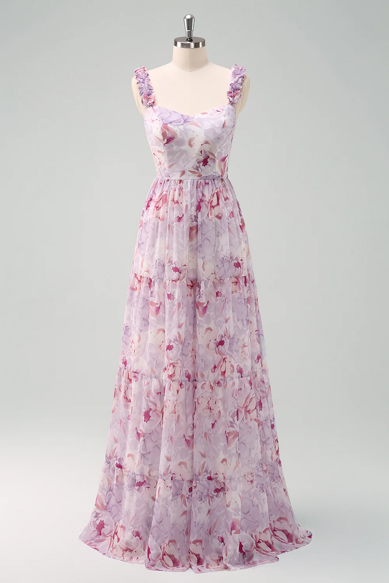 Laden Sie das Bild in den Galerie-Viewer, Grau Lila Blumen Spaghettiträger A-Linie Brautjungfernkleid