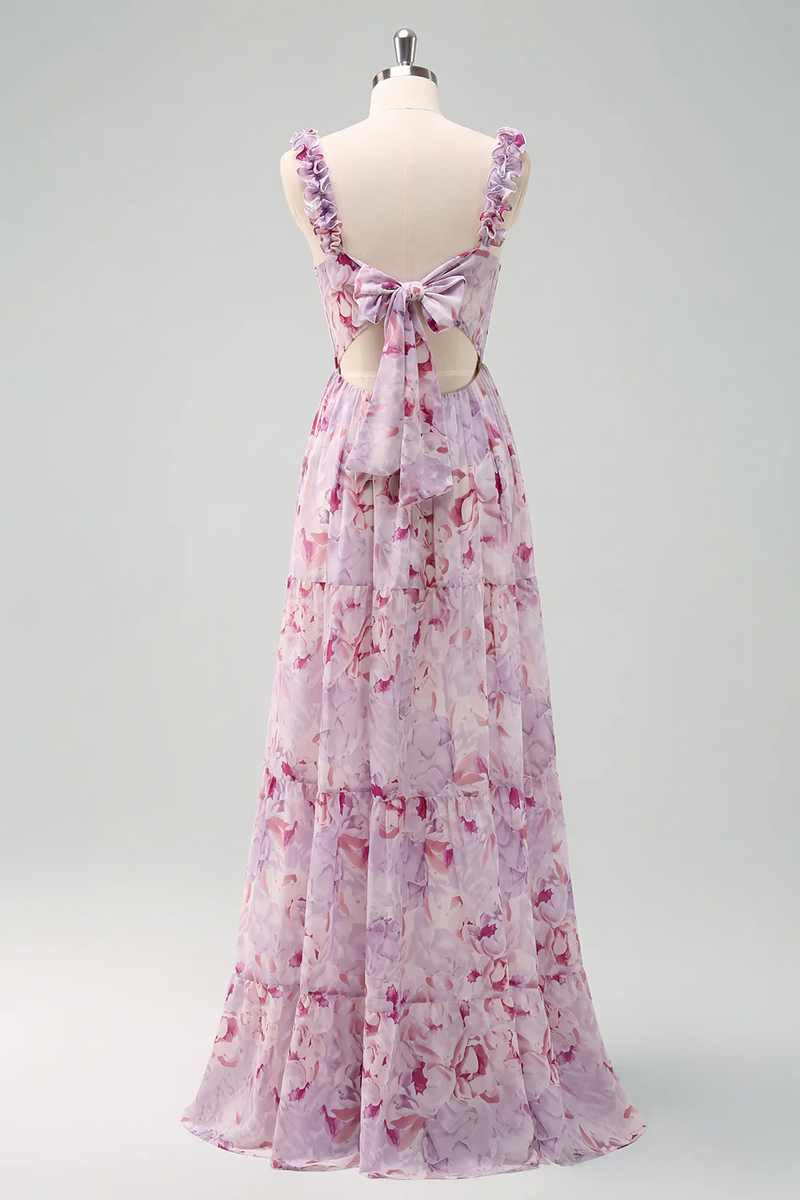 Laden Sie das Bild in den Galerie-Viewer, Grau Lila Blumen Spaghettiträger A-Linie Brautjungfernkleid