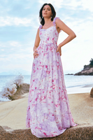 Laden Sie das Bild in den Galerie-Viewer, Grau Lila Blumen Spaghettiträger A-Linie Brautjungfernkleid