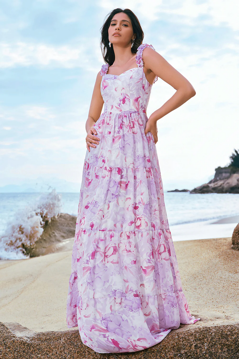 Laden Sie das Bild in den Galerie-Viewer, Grau Lila Blumen Spaghettiträger A-Linie Brautjungfernkleid