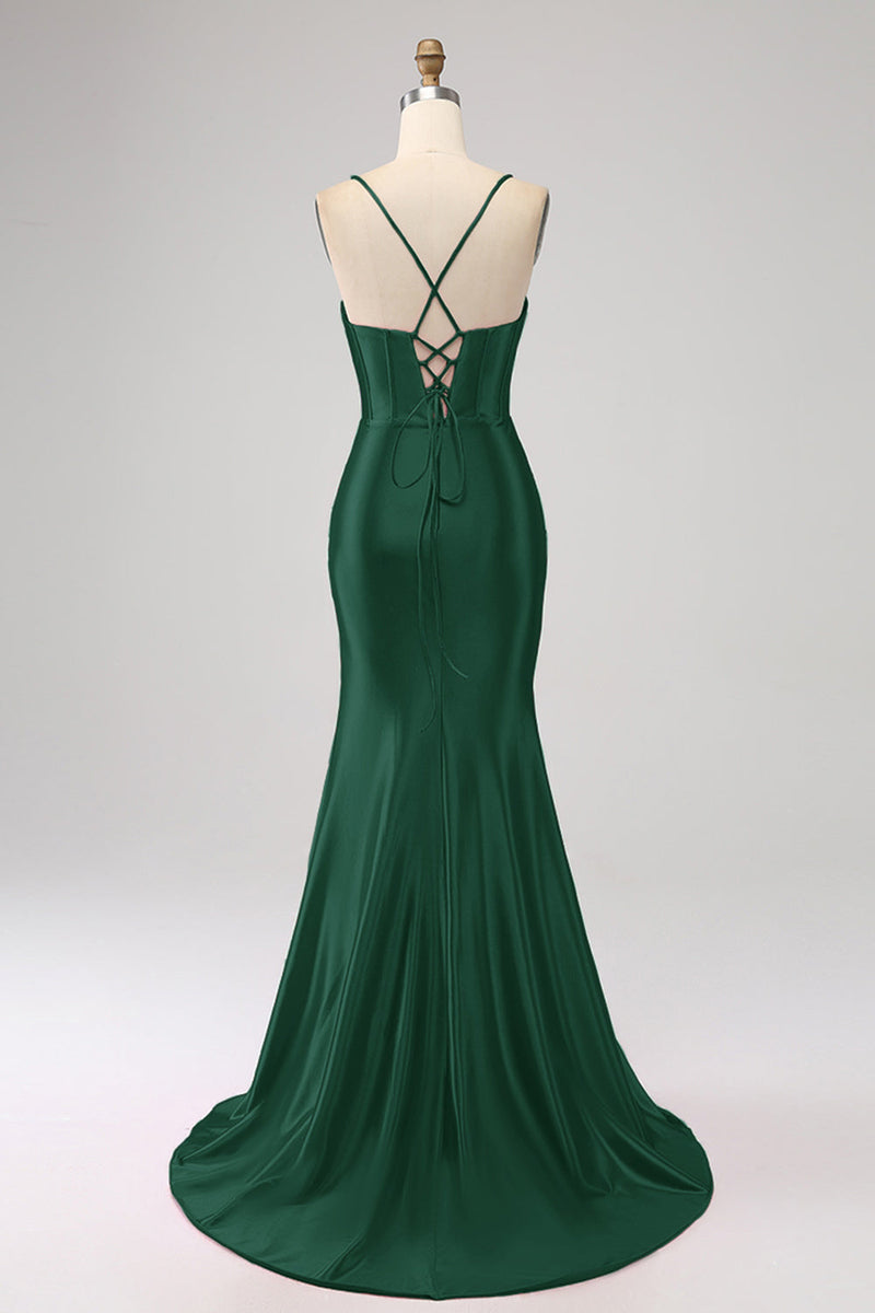 Laden Sie das Bild in den Galerie-Viewer, Atemberaubendes rotes Meerjungfrauen-Spaghettiträger-Korsett-Ballkleid mit geteilter Vorderseite