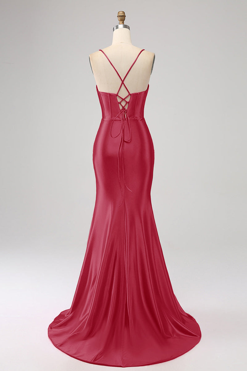 Laden Sie das Bild in den Galerie-Viewer, Atemberaubendes schwarzes Meerjungfrauen-Spaghettiträger-Korsett-Ballkleid mit geteilter Vorderseite