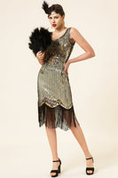 Laden Sie das Bild in den Galerie-Viewer, Goldfarbenes Fransen-Pailletten-Flapper-Kleid aus den 1920er Jahren