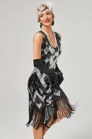 Laden Sie das Bild in den Galerie-Viewer, Grüner U-Ausschnitt ärmelloses Flapperkleid mit Fransen