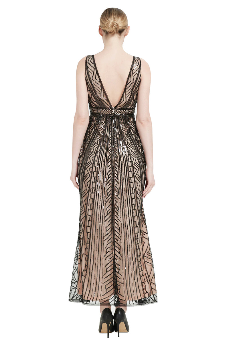 Laden Sie das Bild in den Galerie-Viewer, Pailletten V-Ausschnitt Midi 1920er Jahre Flapper Kleid