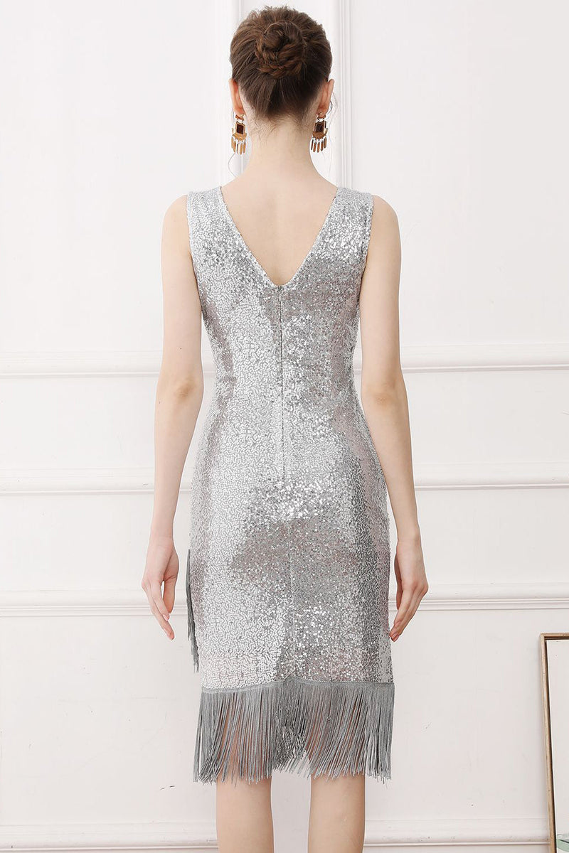 Laden Sie das Bild in den Galerie-Viewer, Pailletten Glitzer Schwarz 1920er Jahre Kleid mit Fransen