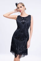 Laden Sie das Bild in den Galerie-Viewer, Schwarze Pailletten Gatsby Fransen Flapper Kleid