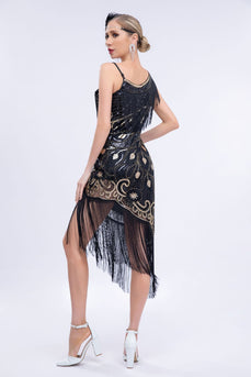Schwarzes Roaring 20s Gatsby Fransed Flapper Kleid mit Perlen