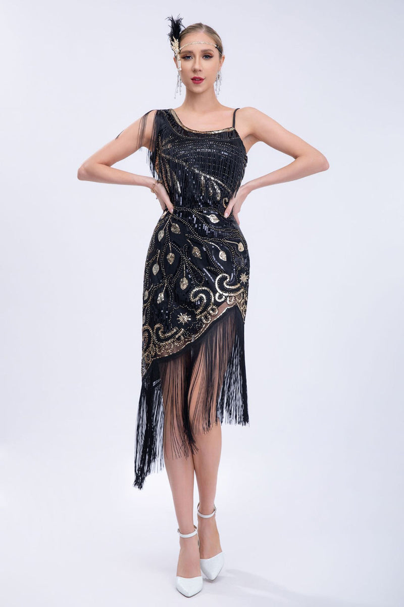 Laden Sie das Bild in den Galerie-Viewer, Schwarzes Roaring 20s Gatsby Fransed Flapper Kleid mit Perlen