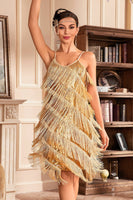 Laden Sie das Bild in den Galerie-Viewer, Goldenes Spaghettiträger Fransen Roaring 20s Great Gatsby Kleid
