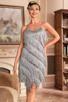 Laden Sie das Bild in den Galerie-Viewer, Graue Spaghettiträger Fransen Roaring 20s Great Gatsby Kleid